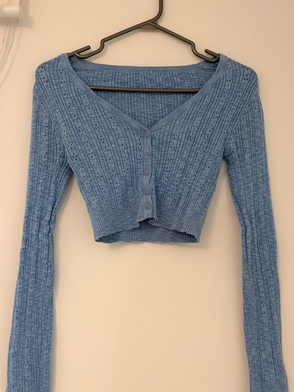 Cropped V-Neck Ribbed Cardigan - Light Blue